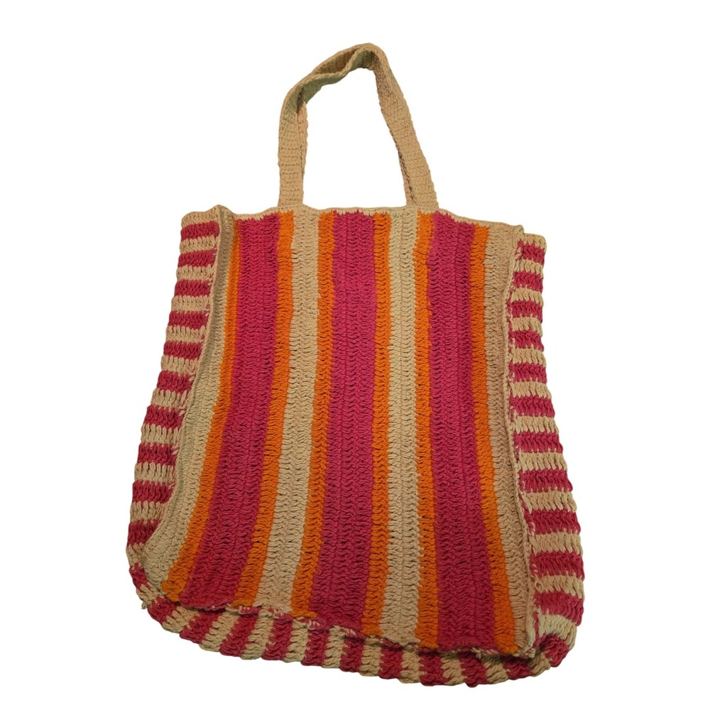 Universal Thread Crochet Tote Bag Pink Orange Cream Striped Knit Beach Bag‎